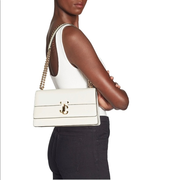 Latte Fine Shiny Calf Leather Shoulder Bag with Light Gold JC Emblem - Picture 3 of 6